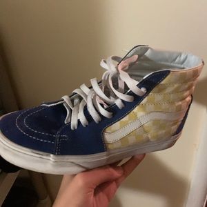 Blue and yellow high top checker vans